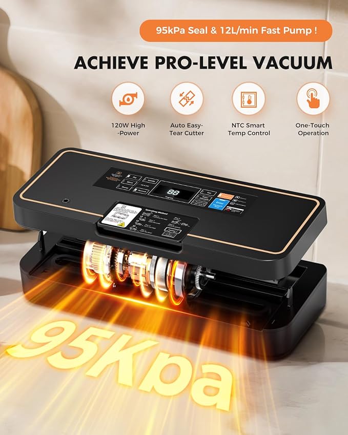 Vacuum Sealer for Food, 95kPa Food Saver Machine, 135W Fast-Sealing with Easy Tear Cutter, Built-in Bag Storage, 9-in-1 Compact with 10 ft Bag Roll