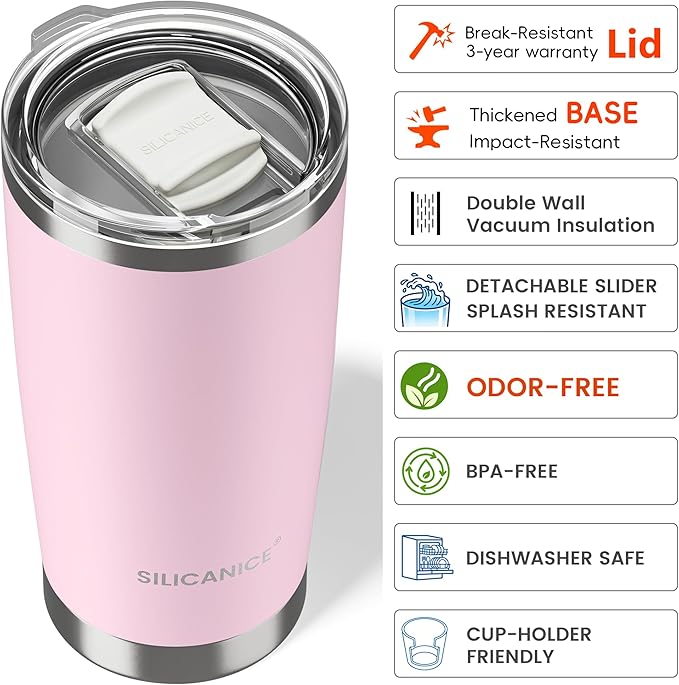 20oz Hygienic Stainless Steel Vacuum Insulated Tumbler w/ Easy-On/Easy-Off Lid - Removable slider, Double Wall 18/8 Travel Mug, BPA-Free, Fits Cup Holders, Premium Quality, Smart Value - Pink Sand