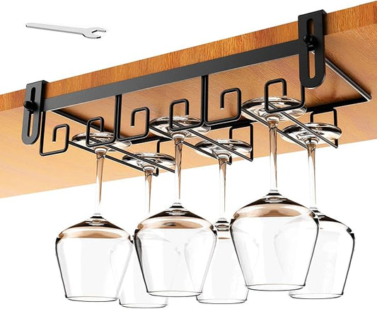 Under Shelf Wine Glass Holder - Black, Stemware Rack for Cabinet, Holds Multiple Glasses