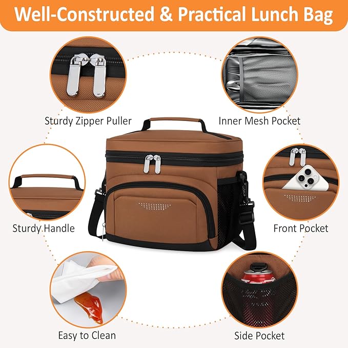 Vankor Large Insulated Lunch Bag for Men Women kids, Reusable Lunch Box kids Leakproof with Adjustable Shoulder Strap for Work Teacher School Picnic Beach Travel, Coffee