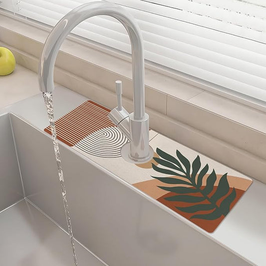 15" X 5.5" Kitchen Sink Splash Guard Faucet Mat Boho Super Absorbent Fast Drying Faucet Guard & Draining Mat Sink Splash Guard Behind Faucet for Kitchen, Bathroom