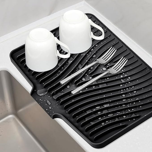 Silicone Dish Drying Mat, Stone Drying Mat for Kitchen Counter with Built-In Drain, Non-Slip Drain Pad with Built-in Drain, Heat Resistant Stone Drying Mat, 1Pcs Black(20" x 15")