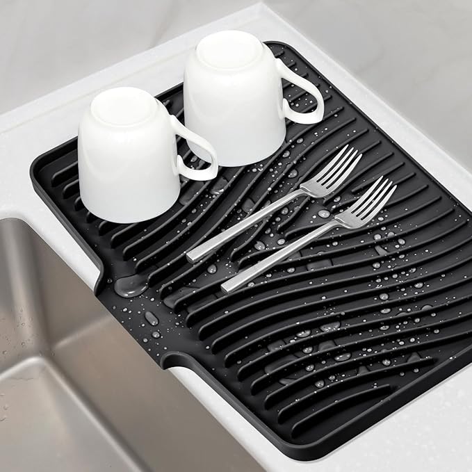 Silicone Dish Drying Mat for Kitchen Counter, Dish Drying Pad, Non-Slip Drain Pad with Built-in Drain, Heat Resistant Stone Drying Mat(16" x 12", Black)