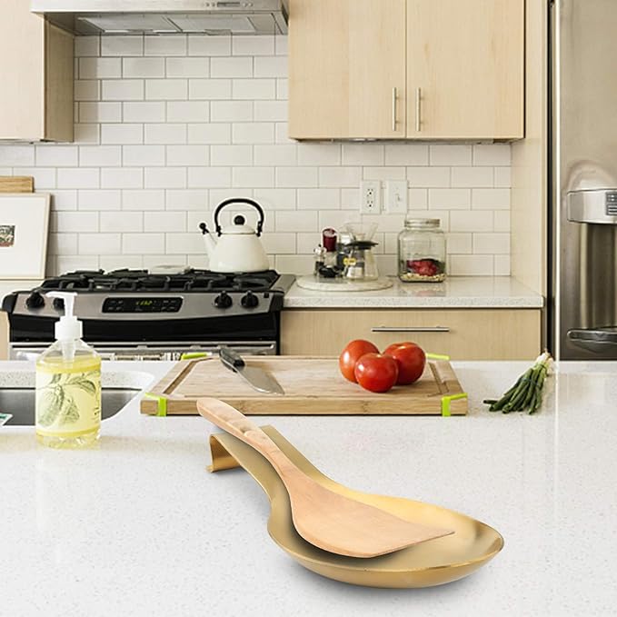 Stainless Steel Spoon Rest, Spatula Ladle Holder, Stainless Steel Utensil Spoon Rest Holder, Brushed Finish, Dishwasher Safe 9.8 x 3.7 Inch (Gold 1PC)