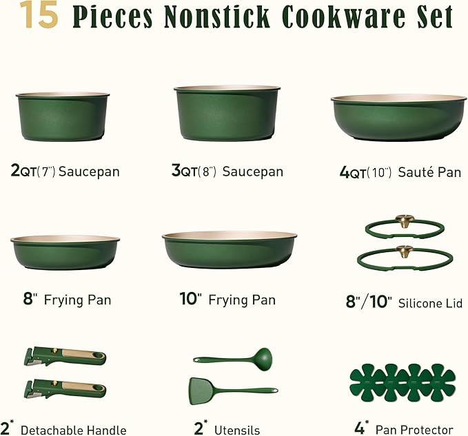 CAROTE Green&Gold Nonstick Cookware Set,15Pcs Pots and Pans Set Non Stick Detachable/Removable Handle,Kitchen Cooking Set Dishwasher Safe, RV Kitchen Pot and Pan, Induction Cookware
