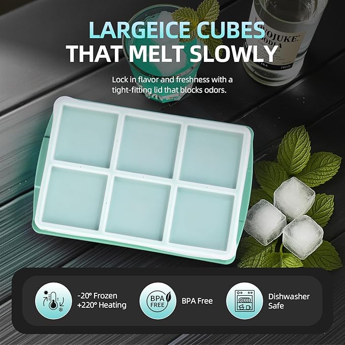 Large Ice Cube Trays for Whiskey (2 Pack) - Silicone Ice Cube Molds with Steel Frame Reinforcement & Lid, 2-Inch Square Ice Cubes for Whisky, Cocktails, Coffee, Tea - Easy Release