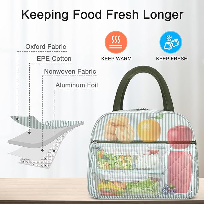 KUBYA Lunch Bag Lunch Box for Women Adult Men Insulated Quilted Reusable Large Lunch Tote Bag Leakproof Simple Cooler Bag for Work Office Picnic Beach or Travel
