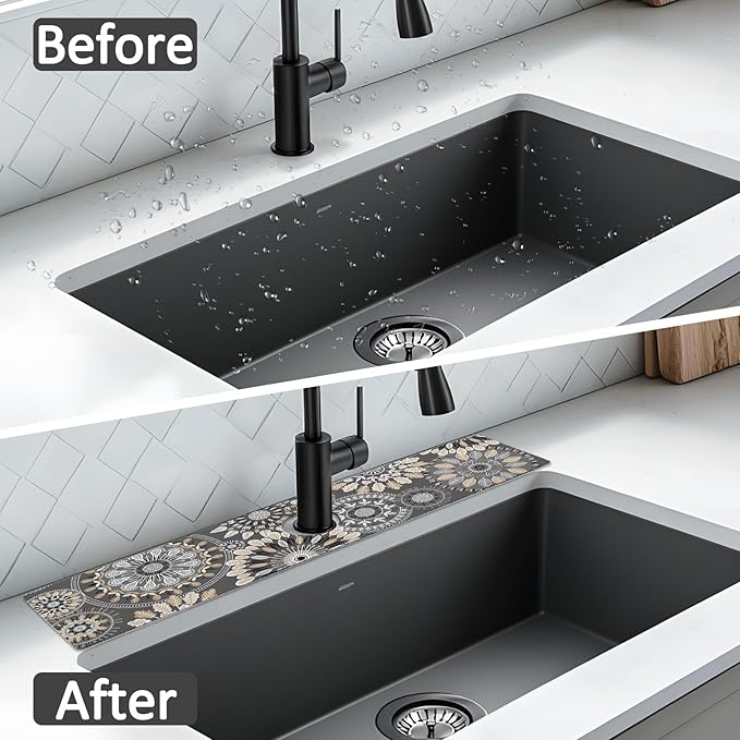 24" X 5.5" Kitchen Sink Splash Guard Faucet Mat Mandala Super Absorbent Fast Drying Faucet Guard & Draining Mat Sink Splash Guard Behind Faucet for Kitchen, Bathroom