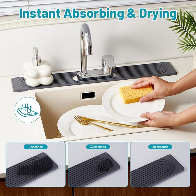 Stone Faucet Mat for Kitchen Sink with Oval Hole – 23.6" × 3.9" Diatomite Drying Stone Mat & Sink Protector, Quick-Dry Splash Guard Water-Absorbing Tray for Bathroom Counter（Dark Gray.23.6" x 3.9"）