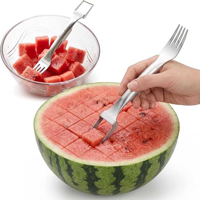 CripsTaste 2 Pack Watermelon Fork Cutter Slicer Tool, 2-in-1 Stainless Steel Fruit Cutter Melon Slicer Cutter Tool, Watermelon Cutting Tool for Home Party Camping Kitchen Gadget