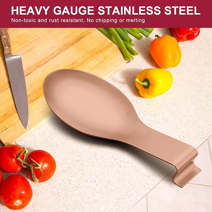 Spoon Rest Set of 2, E-far Stainless Steel Rose Gold Spoon Ladle Holder, Metal Copper Spatula Rest for Kitchen Stove Top, Large Size & Dishwasher Safe
