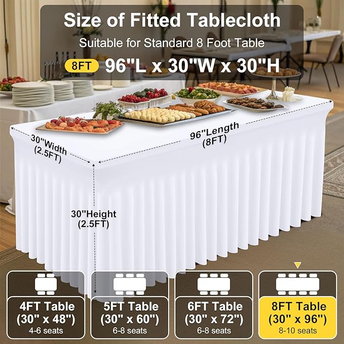 Smiry Spandex Tablecloth 2 Pack, Elastic Fitted Stretch Tablecloth for 8FT Rectangle Tables, Waterproof Washable Table Cover Skirt for Outdoor, Wedding, Banquet & Parties (White, 96Lx30Wx30H Inch)