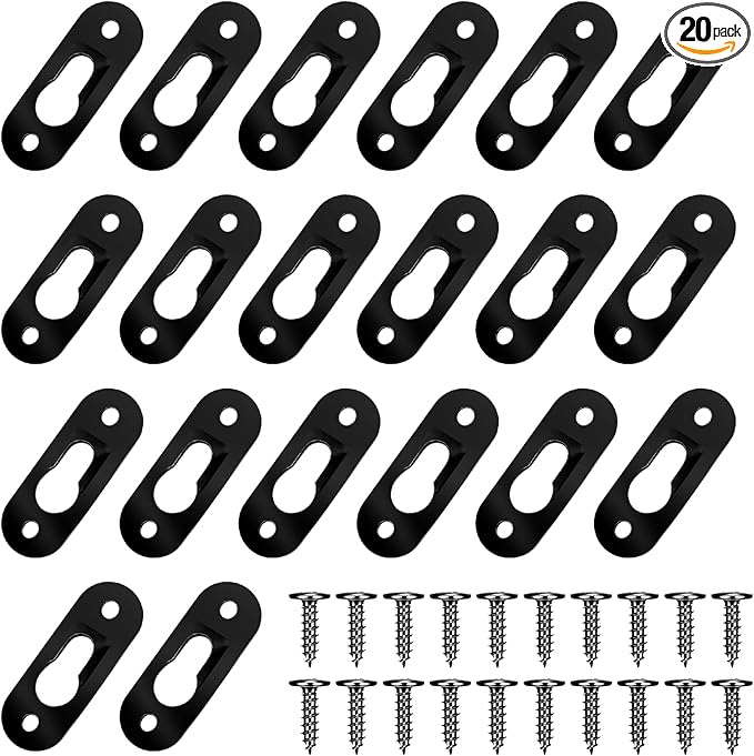 20 Pack Keyhole Hangers, 43x16mm Heavy Duty Metal Hanging Bracket Hardware Picture Fixings Wall Plate Hangers with 40 PCS Screws for Mirror Picture Frame Shelf Hangers Brackets (Black)