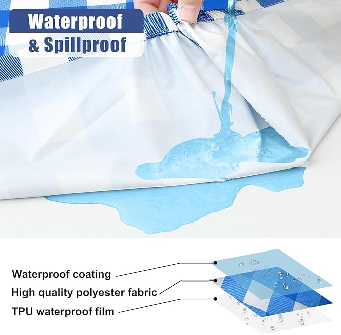 Smiry Picnic Table Cloth 2 Pack, Waterproof Elastic Fitted Tablecloths for 6FT Rectangle Tables, Washable Polyester Buffalo Plaid Tablecloth for Camping, Dining & Outdoor (Blue & White, 30" x 72")