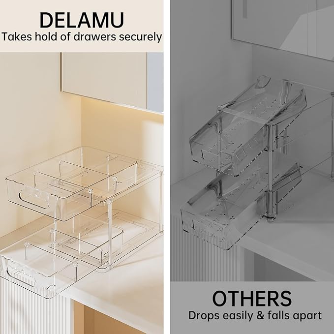 Delamu Under the Sink Organizer, 2-Tier Snap-Lock Cabinet Drawers with Removable Adjustable Shelf, Under Sink Cabinet Organizer for Bathroom, Kitchen, Vanity & Every Household(Clear, 4 Pack)