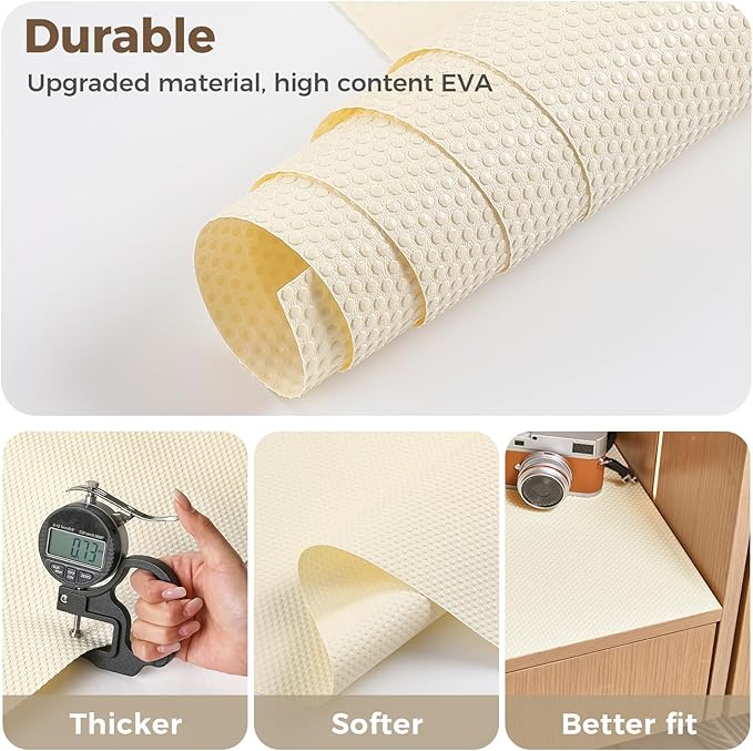 100% EVA Shelf Liner for Kitchen Cabinet, 12" x 240" Drawer Liners Non Adhesive Non Slip Waterproof Plastic Paper, Dresser Pantry Bathroom Refrigerator Protector, Cream