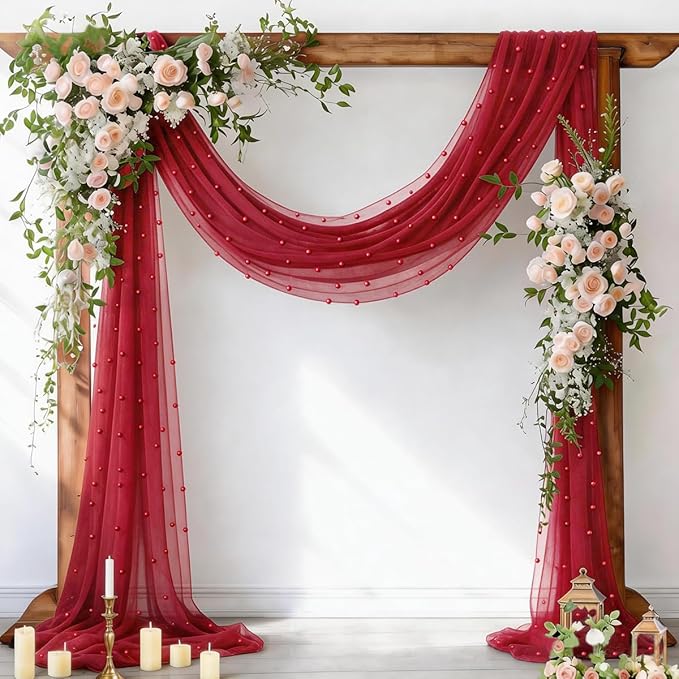 Socomi Pearl Table Runner Red Summer Wedding Arch Draping Fabric 19FT Sheer Tulle Chiffon Gauze Cheese Cloth Outdoor Drapes for Birthday Party Baby Shower Bridal Engagement Decor