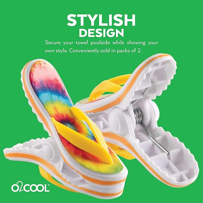 O2COOL Bocaclips - Beach Towel Clips for Beach Chairs, Patio and Pool Accessories - (Tie Dye Flip Flop) 2 Count