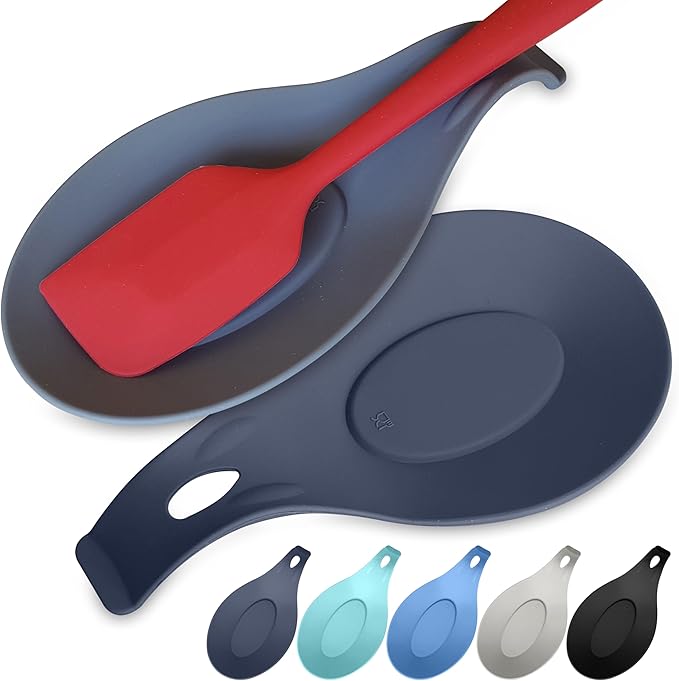 Silicone Spoon Rest for Stove Top Set of 2 – HEAT RESISTANT DISHWASHER SAFE Kitchen Utensil Holder for LARGE Utensils - Won’t Break - Non-Slip - Ideal for Glass & Induction Cooktops - for Home Cooks