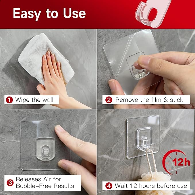 30 Pack Invisible Adhesive Hooks for Hanging Heavy Duty, Waterproof & Rustproof Shower Hooks for Inside Shower, Clear Sticky Hooks for Walls No Damage, Multi-Use for Kitchen, Bathroom, Bedroom, Office