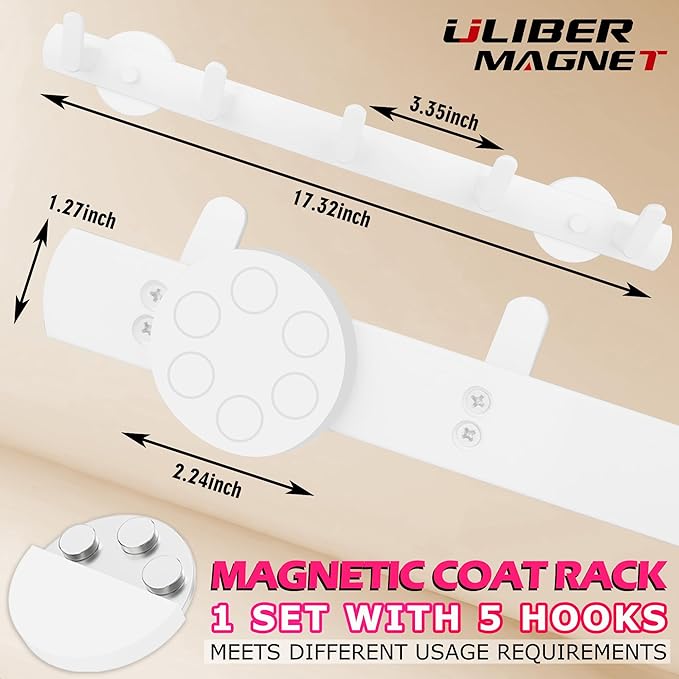 ULIBERMAGNET White Magnetic Coat Rack,Heavy Duty Coat Magnetic Holder with 5 Hooks,Anti-Slip Strong Magnetic Hanger for Refrigerator,Metal Cabinet,Entryway,Hanging Coat, Jackets, Umbrella,Scarf,Bag