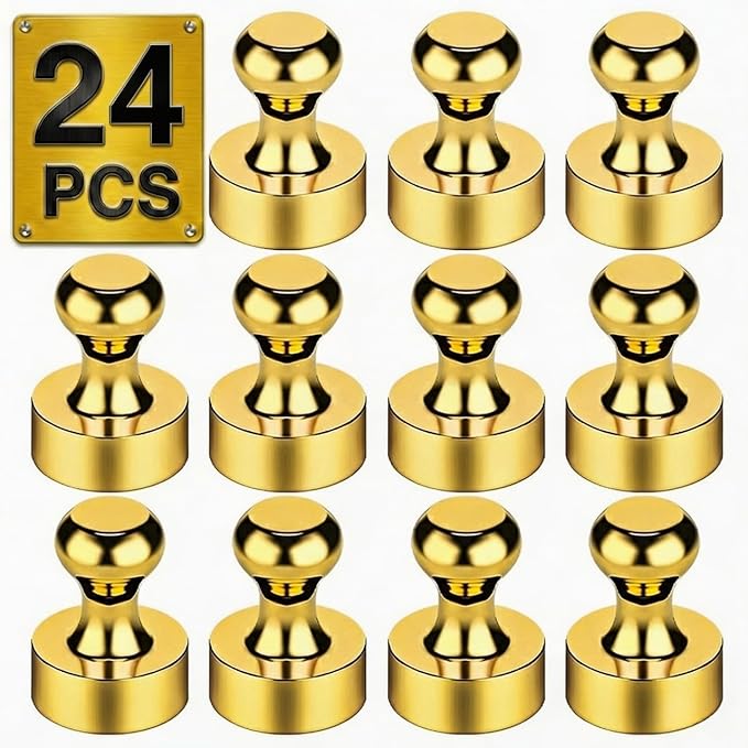 Metallic Magnets, Refrigerator Magnets, 24 Pack Gold Magnetic Push Pins, Strong Fridge Magnets, Multi-use Whiteboard Magnets Perfect for Kitchen Office Classroom