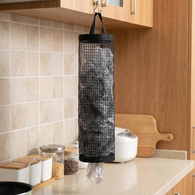 Thinp 3 Pcs Plastic Bag Holder, Grocery Bag Organizer Hanging Storage Dispensers Mesh Bags Dispenser Organizer Breathable Shopping Bags Storage for Home Kitchen Pantry (Black)