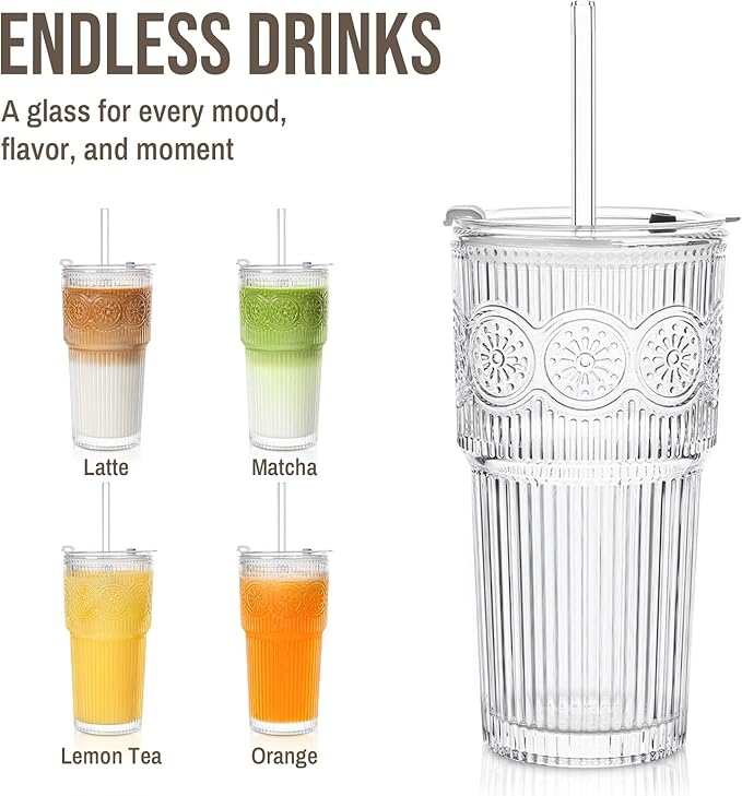 SoulTimes 20oz Ribbed & Floral Glass Tumbler Set of 4 – Reusable Glass Cups with Lid and Glass Straw, Iced Coffee Cups for Water, Smoothie, Milk, Cocktail & More – Perfect for Daily Use & Travel