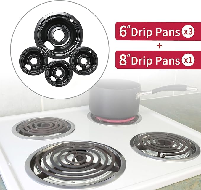 GE Black Stove Drip Pans, 10% Energy Save by Enamel Spraying Prevent Bending and Rust - Include 3Pcs 6'' Burner Drip Pans and 1Pcs 8'' Drip Bowl