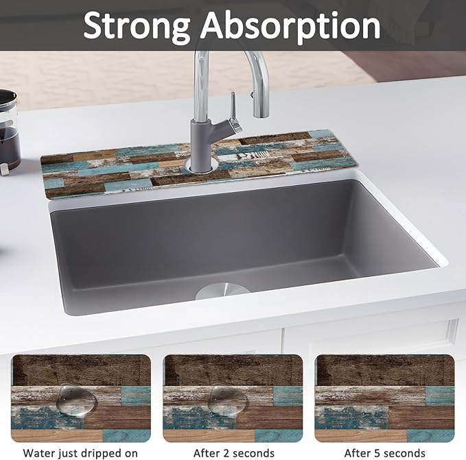 2PCS 24" X 5.5" Kitchen Sink Splash Guard Faucet Mat Wood Grain Super Absorbent Fast Drying Faucet Guard & Draining Mat Sink Splash Guard Behind Faucet for Kitchen, Bathroom