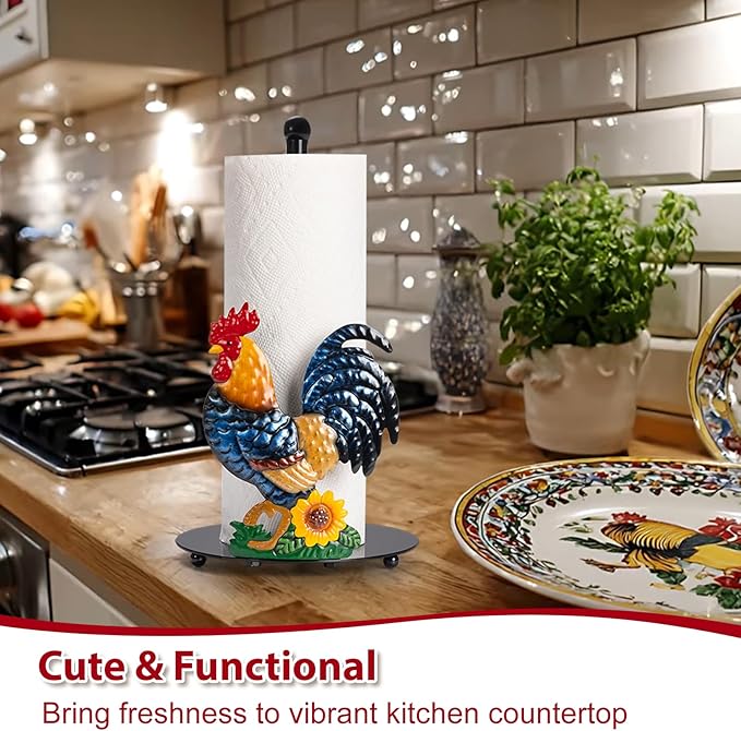 Rooster Paper Towel Holder Countertop - Sunflower & Chicken Farmhouse Kitchen Decor and Accessories, Rustic Housewarming Gift for Rooster & Farmhouse Enthusiasts, Weighted Base