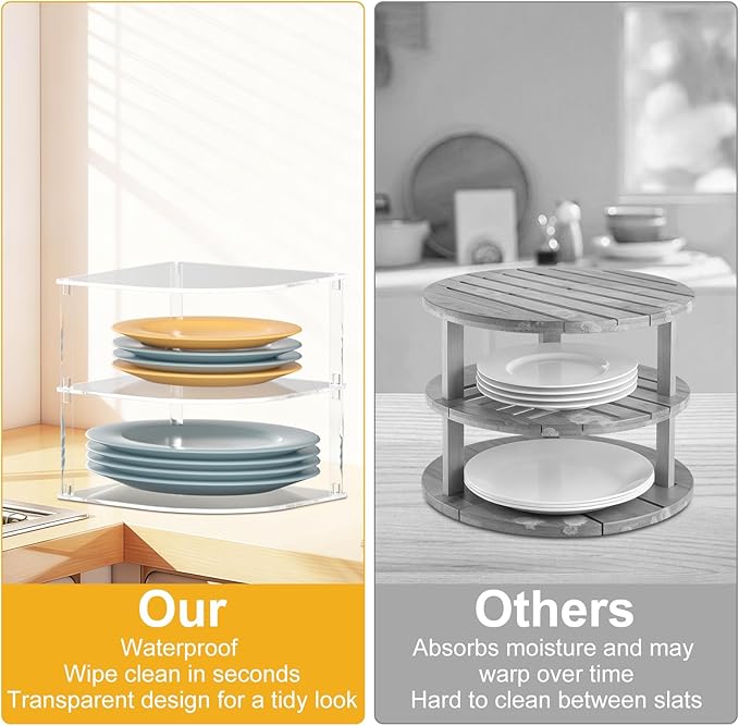 2 Pack Acrylic Plate Organizer for Cabinet, Corner Kitchen Cabinet Countertop Dish Organizer Shelf Kitchen Plate Rack Holder for Plates, Dishes, Bowls