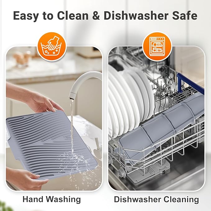 Silicone Dish Drying Mat for Kitchen Counter, Non-Slip Drain Pad, Dish Drying Pad, Easy to Clean Dish Rack Pad, Multi-Use as Heat Resistant Trivet, 15.8" x 13" , Grey