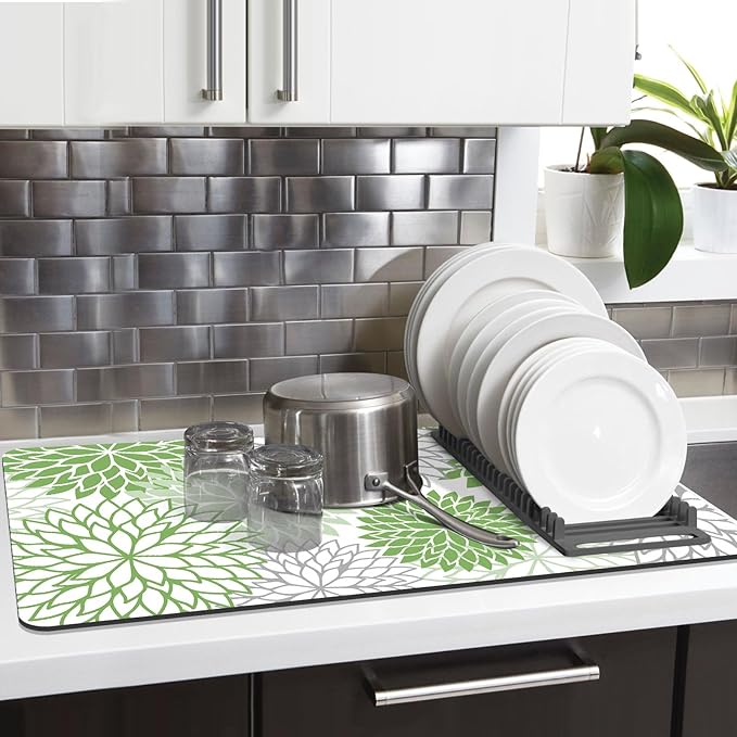 Findosom 2PCS 17" x 32" Dish Drying Mat & 24" x 5.5" Sink Splash Guard, Super Absorbent & Cuttable Dish Mat Drying Kitchen Mat with Green Floral, Hide Stain Drying Mat for Kitchen Counter