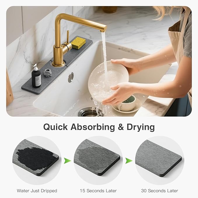 20" x 4" Stone Faucet Mat for Kitchen Sink, Quick Drying Diatomite Sink Tray, Faucet Sink Splash Guard for Prevents Moisture Buildup (Dark Gray)