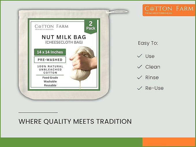 Cotton Farm Nut Milk Bag & Cheese Cloth Bag (Ultra Dense), XL 14 × 14 Inch, 100% Unbleached Cotton Cheesecloth for Precise Food Straining, Washable & Reusable