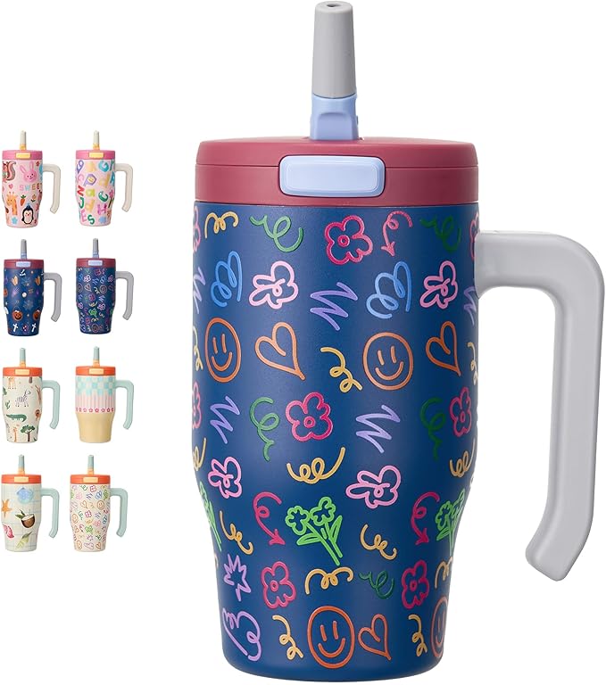 Fijinhom 18 oz Toddler Tumbler with Handle, Stainless Steel Insulated Water Bottle Coffee Mug with Straw, Toddler Cups, Kids Water Bottle for School, Sports, Travel, Doodle Joy