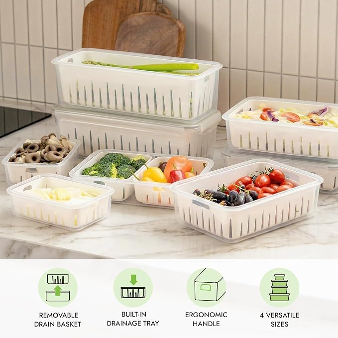 carrotez 8.5 Cup Produce Saver Container for Fridge with White Colander, Airtight Fruit & Vegetable Storage Bin, Removable Strainer Basket, BPA-Free, Stackable, 2.0L