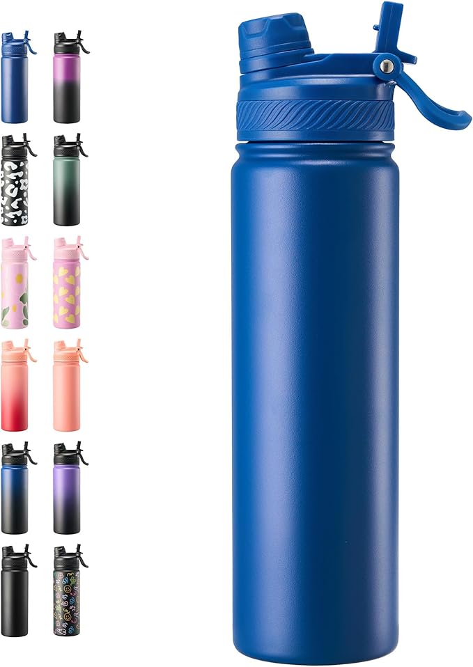 Fijinhom 24 oz Insulated Water Bottle, 2-in-1 Straw and Spout Lid Stainless Steel Thermos, Leak-Proof, Double Wall Vacuum Flask, Keep Cold 24H for Outdoor, Sports, Travel, School (Blue)