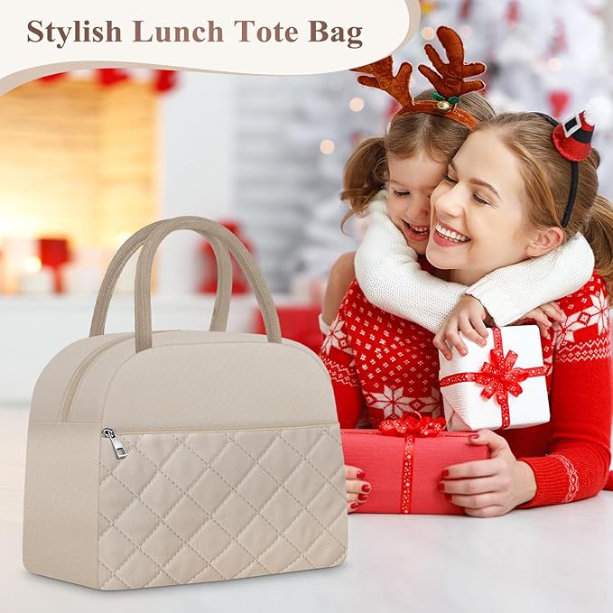 KUBYA Lunch Box for Women Adult Men Insulated Cute Quilted Lunch Bag Women Reusable Large Lunch Tote Bag Leakproof Simple Cooler Bag for Work Office Picnic Beach or Travel