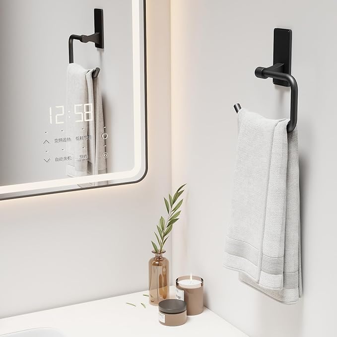 2-Piece Towel Ring, Adhesive Hand Towel Holder for Bathroom, Modern Style Towel Hangers Wall-Mounted Hand Towel Rack for Bathroom, Matte Black