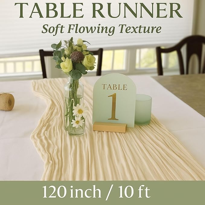 3 Pack Beige 10FT Cheesecloth Table Runner –120 Inch Soft Gauze Boho Table Runners for Baby Shower, Coastal Wedding, Modern Rustic Party Decor