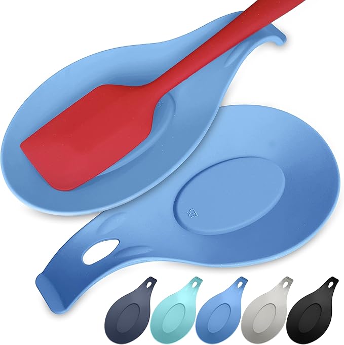 Silicone Spoon Rest for Stove Top Set of 2 – HEAT RESISTANT DISHWASHER SAFE Kitchen Utensil Holder for LARGE Utensils - Won’t Break - Non-Slip - Ideal for Glass & Induction Cooktops - for Home Cooks