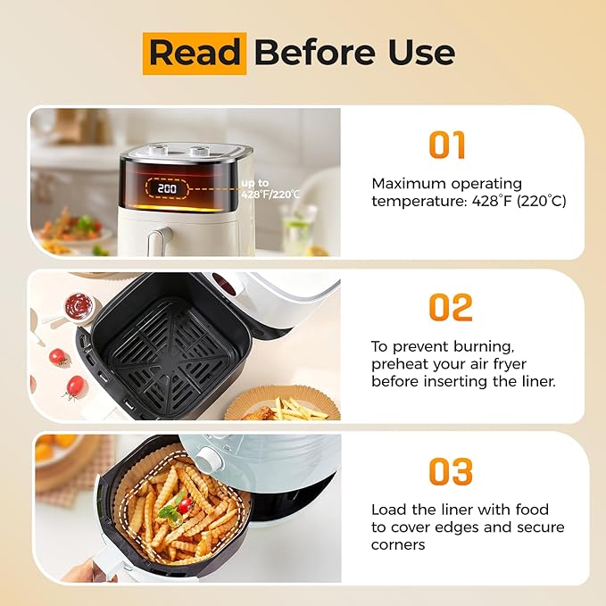 Vailnd Air Fryer Liners Disposable, 305 PCS Unbleached Air Fryer Paper Liners, 8" Square Airfryer Liners for 5-8 QT Airfryer Basket, Non-stick & Oil-Proof Parchment Paper for Oven, Pan