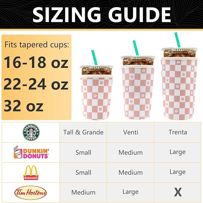 YR Reusable Neoprene Insulator Sleeve for Iced Coffee Cups, 3 Pack Coffee Coolies sleeves for Iced & Hot Drinks, Cold Beverage Cooler Compatible with Starbucks Coffee and More (Floral Checkered)