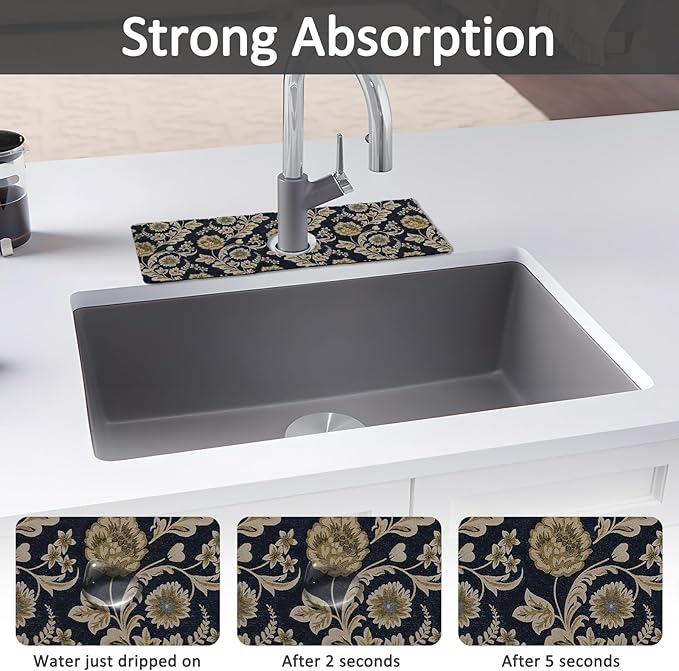 2PCS 15" X 5.5" Kitchen Sink Splash Guard Faucet Mat Floral Flower Super Absorbent Fast Drying Faucet Guard & Draining Mat Sink Splash Guard Behind Faucet for Kitchen, Bathroom