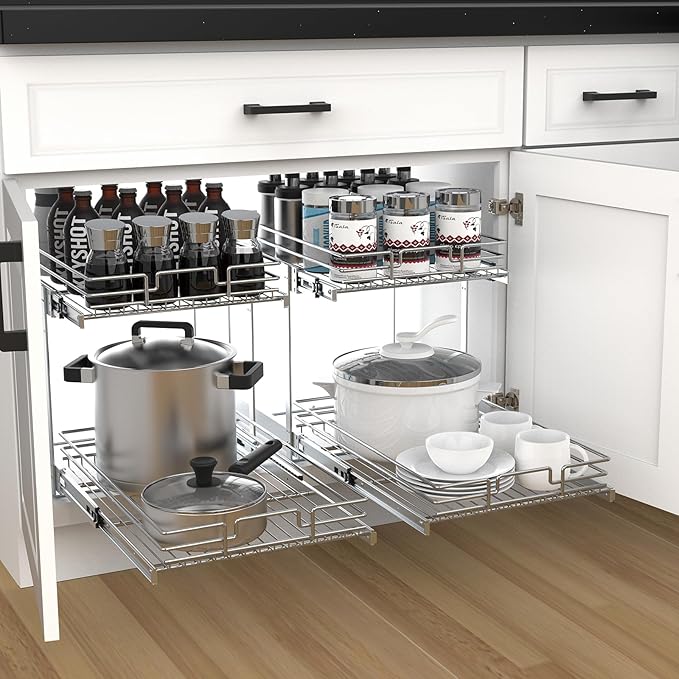 2 Tier Pull Out Cabinet Organizer, 23" W x 21" D Heavy-Duty Metal Sliding Drawer Shelf for Kitchen Cabinets, Chrome, Doesn't Include Door Fittings