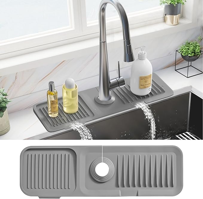 PoYang 17.7 Inch Faucet Mat for Kitchen Sink Splash Guard Behind Faucet, Sink Protectors for Kitchen Sink Faucet Mat Splash Guard for Kitchen Sink Area, Long Silicone Faucet Guard & Draining Mat, Grey