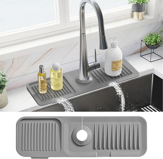 PoYang 17.7 Inch Faucet Mat for Kitchen Sink Splash Guard Behind Faucet, Sink Protectors for Kitchen Sink Faucet Mat Splash Guard for Kitchen Sink Area, Long Silicone Faucet Guard & Draining Mat, Grey
