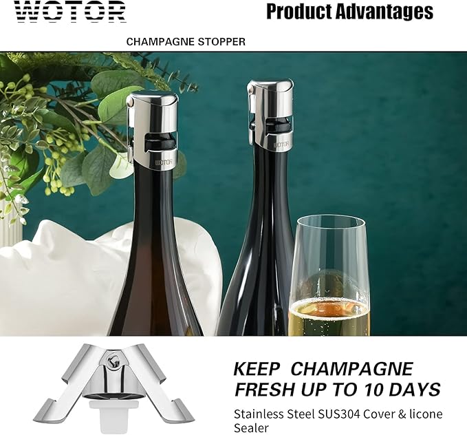 WOTOR Champagne Stoppers Stainless Steel, Prosecco Bottle Stopper with Food Grade Silicone, Reusable Champagne Cork & Saver, Leak proof Keep Fresh (Silver, 6 Pack)